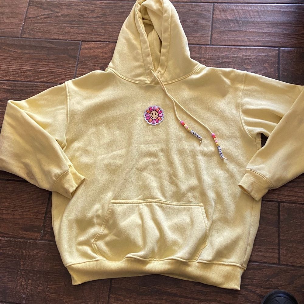 10/$50 Women's Yellow Hoodie with Floral Detail Size M